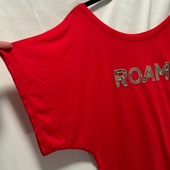 “ROAM” Silver Sequined, Red, Wide Neck, Short Sleeve Dolman Shirt - Picture 3 of 5